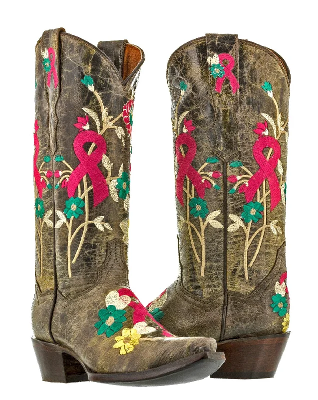 women's cowboy boots for everyday wearWomen's Brown Breast Cancer Awareness Ribbon Embroidery Cowgirl Boots - Snip Toe
