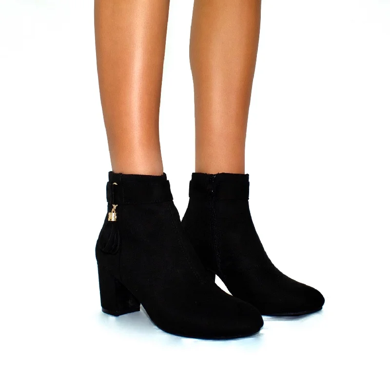 women's ankle boots with square toeDani - Black Faux Suede With Gold Tassel Detail Low Heel Ankle Boots women's ankle boots with square toeDani - Black Faux Suede With Gold Tassel Detail Low Heel Ankle Boots