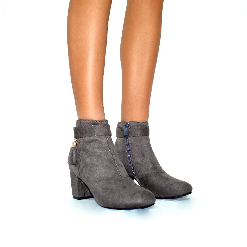 women's ankle boots with pull tabsDani - Grey Faux Suede With Gold Tassel Detail Low Heel Ankle Boots
