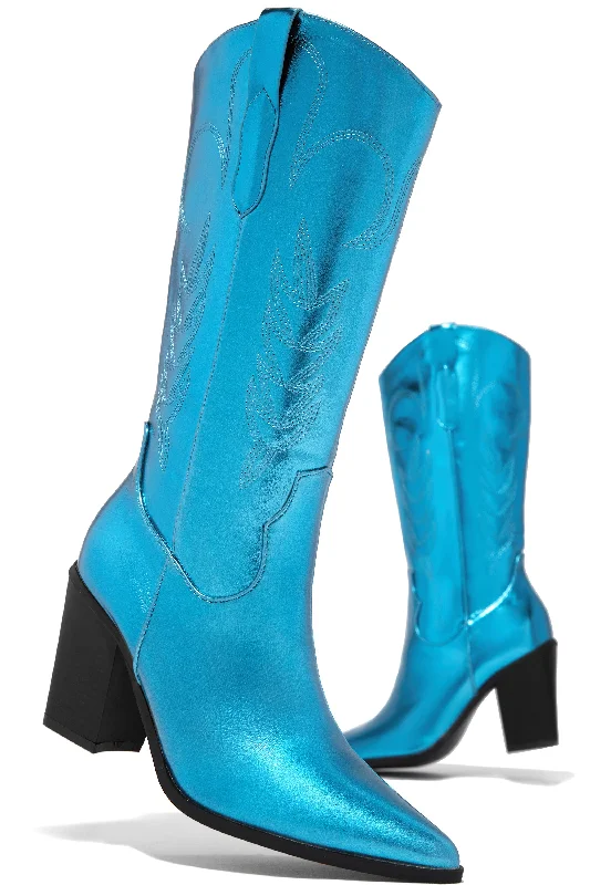 women's booties for knee supportDelaney Block Heel Cowgirl Boots - Blue