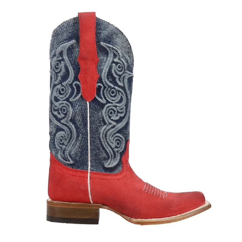 women's cowboy boots with insole supportDenim Embroidered Square Toe Cowboy Boots