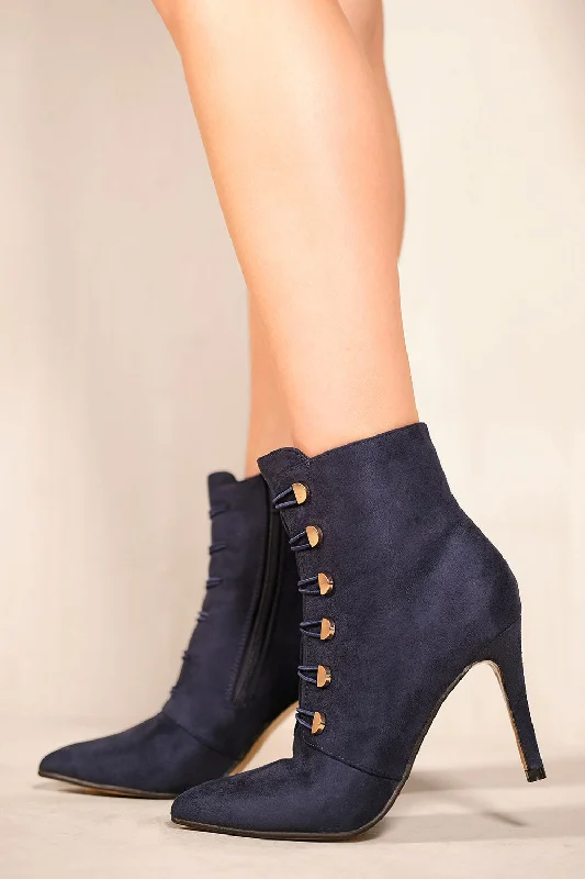 women's chelsea ankle bootsBLYTHE POINTED TOE MID HEEL ANKLE BOOTS WITH GOLD BUTTONS IN NAVY BLUE FAUX SUEDE