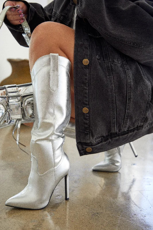 women's booties for wide calvesErin High Heel Boots - Silver