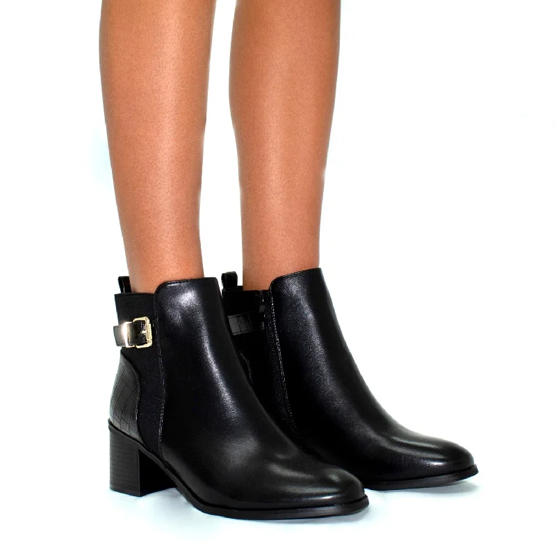 women's ankle boots with kitten heelsEvie - Black Faux Leather Gold Buckle and Croc Pint Low Block Heel Ankle Boots