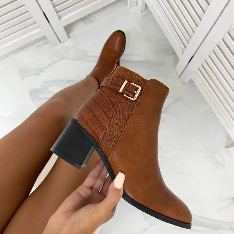 women's ankle boots with unique patternsEvie - Tan Faux Leather Gold Buckle and Croc Pint Low Block Heel Ankle Boots women's ankle boots with unique patternsEvie - Tan Faux Leather Gold Buckle and Croc Pint Low Block Heel Ankle Boots