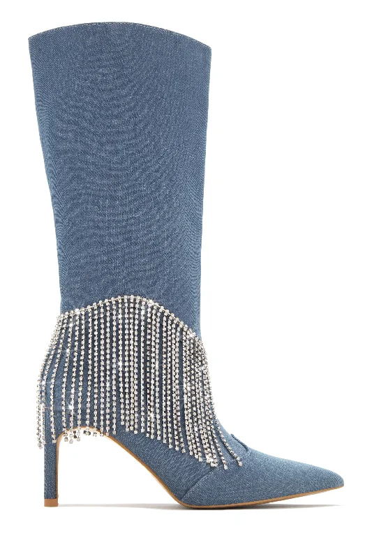 women's booties with studsFaye Embellished Fringe Knee High Boots - Denim