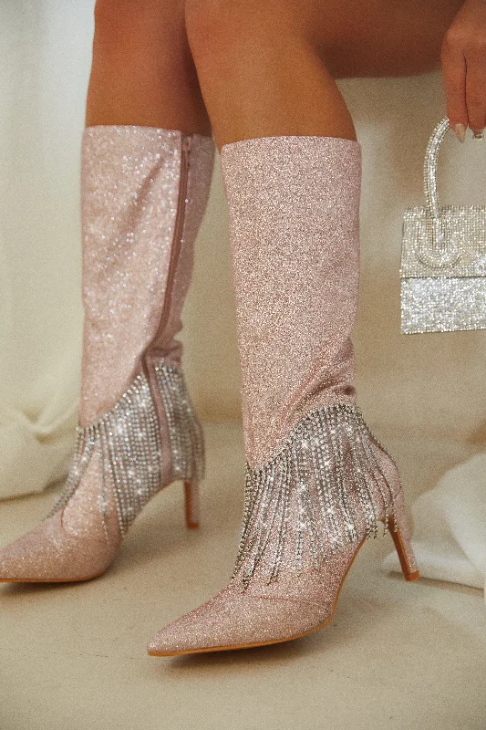 women's booties with zippersFaye Embellished Fringe Knee High Boots - Pink