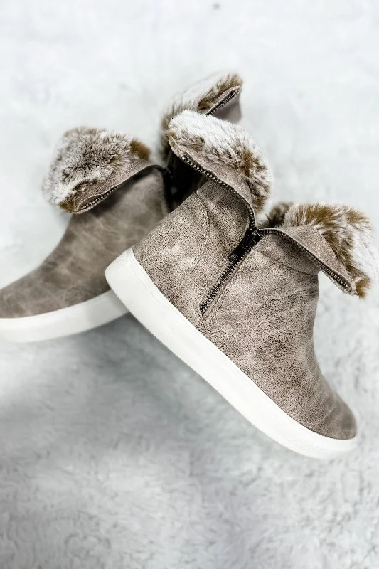 women's booties with chukka styleFeet FURst- Tan Zip-Up Sneakers w/ Fold Over Faux Fur Detail