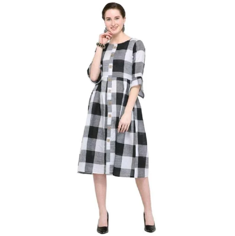 women's western boots for workDesigner Mart White & Black Cotton Weaving Checks Frock