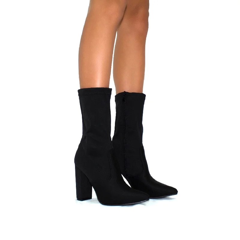 women's ankle boots with perforationsGracie - Black Lycra Pointed Toe Block Heel Ankle Boots women's ankle boots with perforationsGracie - Black Lycra Pointed Toe Block Heel Ankle Boots