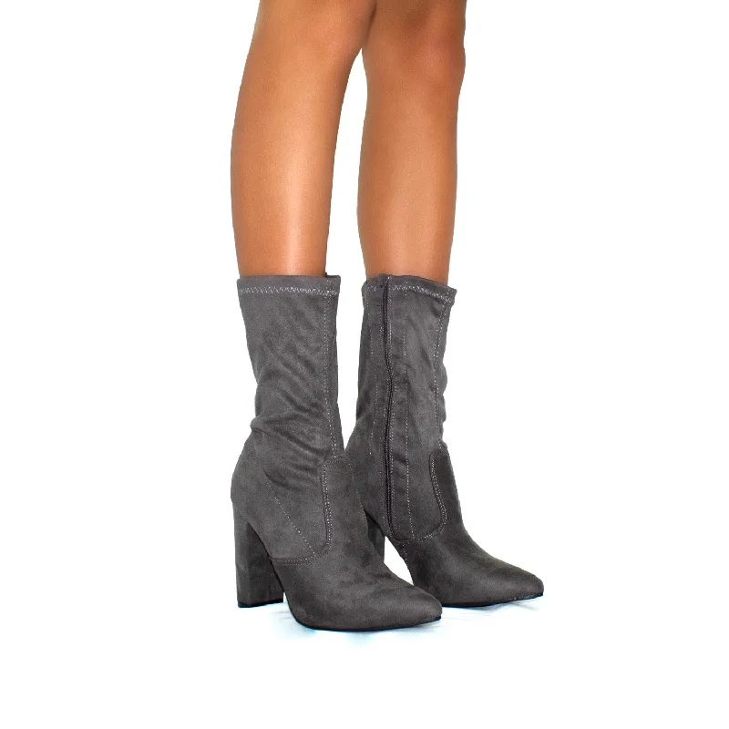 women's ankle boots for winterGracie - Grey Faux Suede Pointed Toe Block Heel Ankle Boots
