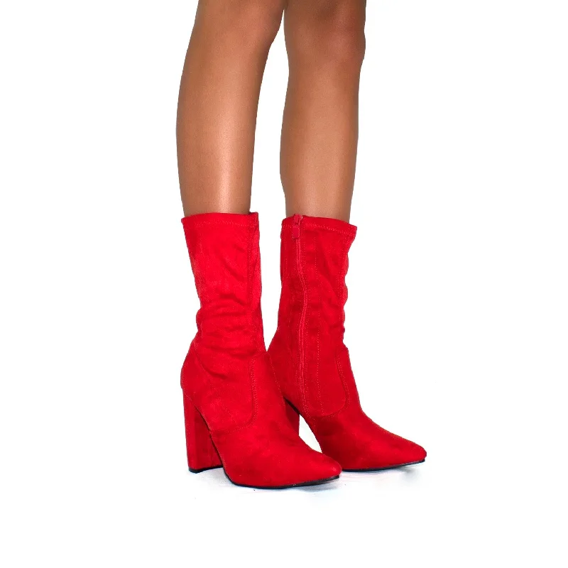 women's ankle boots with bucklesGracie - Red Faux Suede Pointed Toe Block Heel Ankle Boots