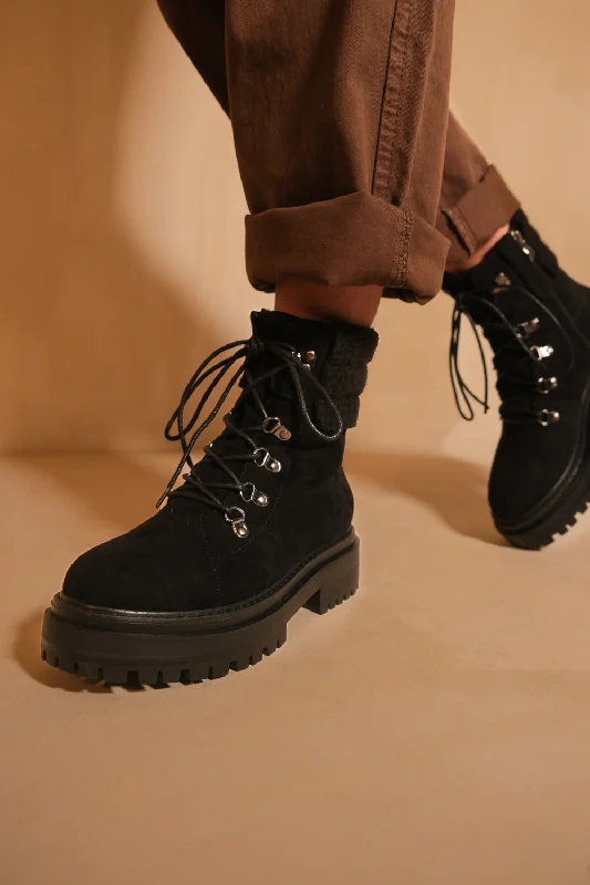 women's ankle boots for officeHEIDI PLATFORM LACE UP BOOT WITH SIDE ZIP AND FAUX WOOL DETAIL AROUND THE ANKLE IN BLACK SUEDE