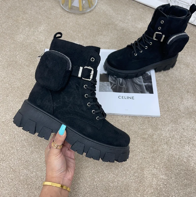 women's chelsea ankle bootsIsla- Black Faux Suede Pocket Ankle Boots
