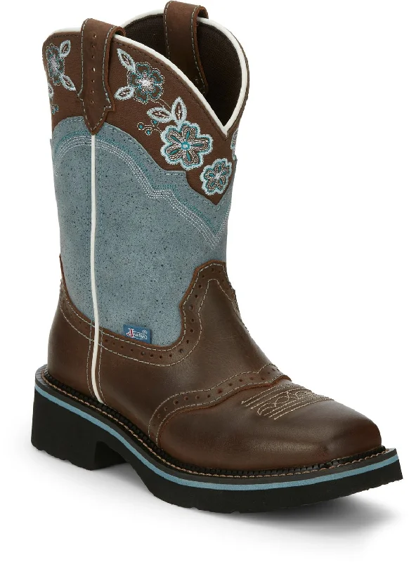 women's distressed cowboy bootsJustin 11in Gypsy Floral Womens Blue Starlina Leather Cowboy Boots