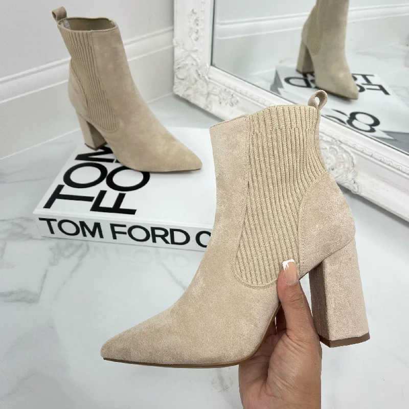 women's ankle boots with bucklesKelsey - Beige Suede Ribbed Gusset Pointed Toe Block Heel Ankle Boots