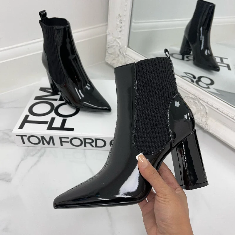 women's flat ankle bootsKelsey - Black Patent Ribbed Gusset Pointed Toe Block Heel Ankle Boots