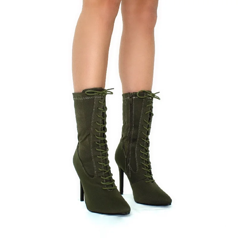 women's ankle boots with pull tabsKennedy- Khaki Lycra Pointed Toe Zip Up Stilletto Heel Ankle Boots women's ankle boots with pull tabsKennedy- Khaki Lycra Pointed Toe Zip Up Stilletto Heel Ankle Boots