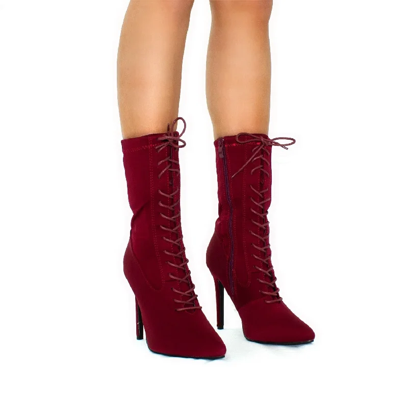 women's ankle boots with perforationsKennedy- Wine Lycra Pointed Toe Zip Up Stilletto Heel Ankle Boots