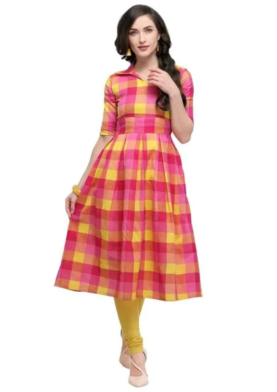 women's cowboy boots with embroideryDesigner Mart Pink & Yellow Cotton Weaving Checks Kurti