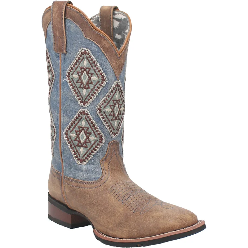 women's cowboy boots with pull strapsLaredo Womens Santa Fe Tan/Blue Denim Leather Cowboy Boots