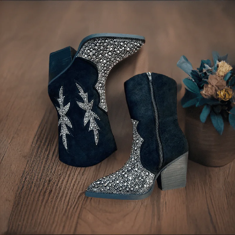 women's booties with chukka style"Lux" Black Rhinestone Booties*
