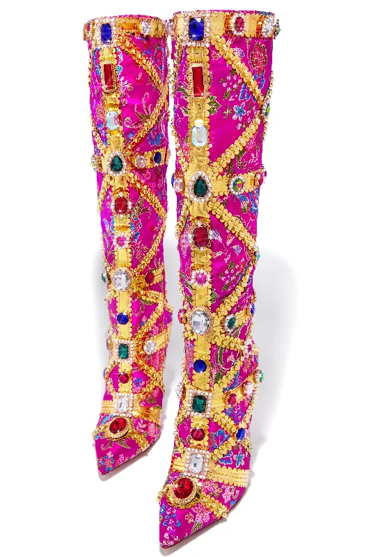 women's booties with over-the-knee lookMasterpiece Embellished Knee High Heel Boots - Pink