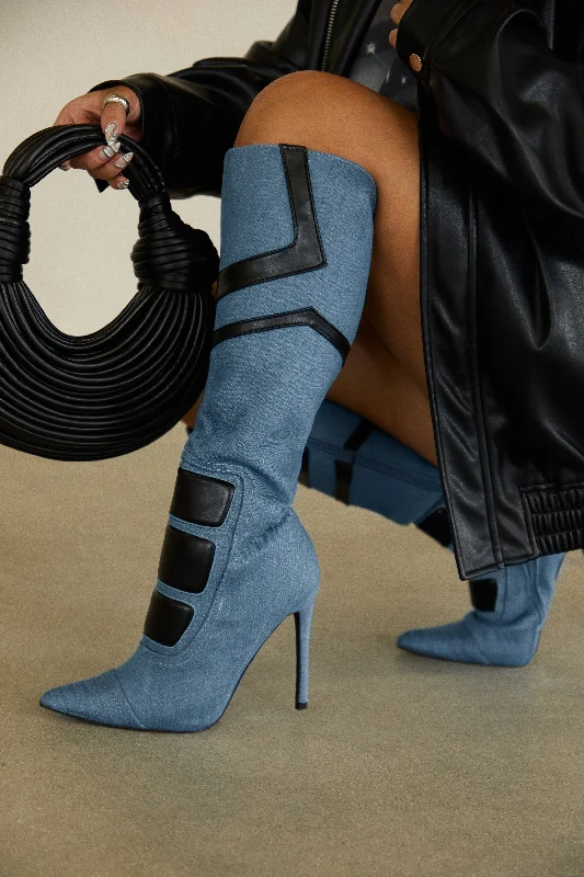 women's booties with tassel detailMidnight Sky Moto Style Knee High Heel Boots - Denim
