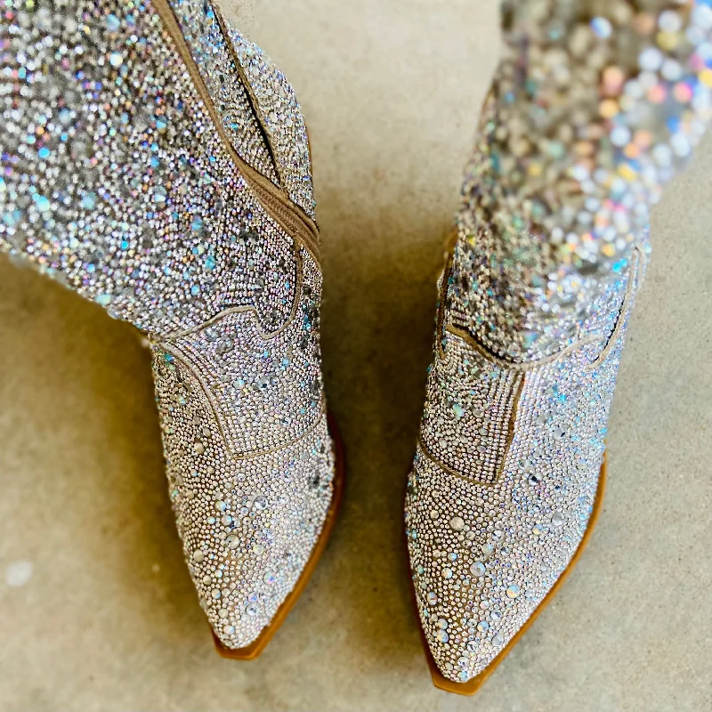 women's booties with metallic finishNashville Glitz & Glam Silver Rhinestone Boots