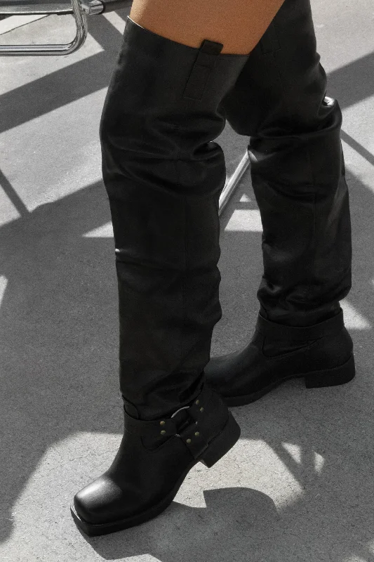 women's booties for fashionNykko Knee High Moto Boots - Black