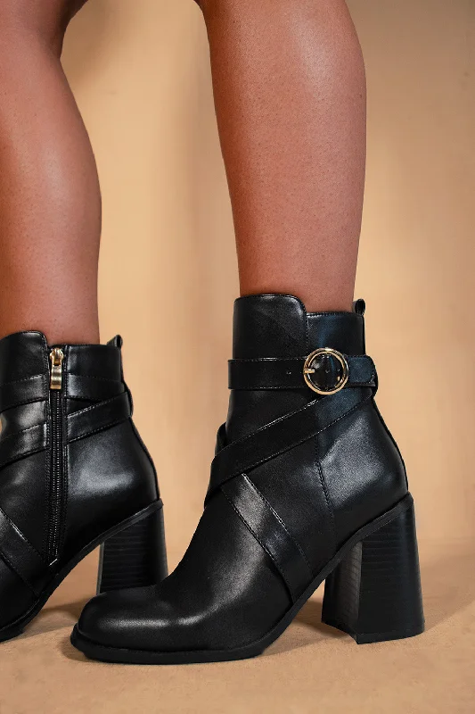 women's ankle boots with metallic finishAISLINN BLOCK HEEL ANKLE BOOTS WITH ZIP AND BUCKLE DETAIL IN BLACK FAUX LEATHER