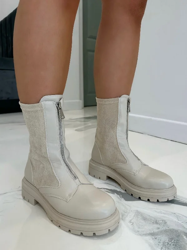 women's waterproof ankle bootsPrescott - Cream Faux Leather With Suede Zip Up Boots