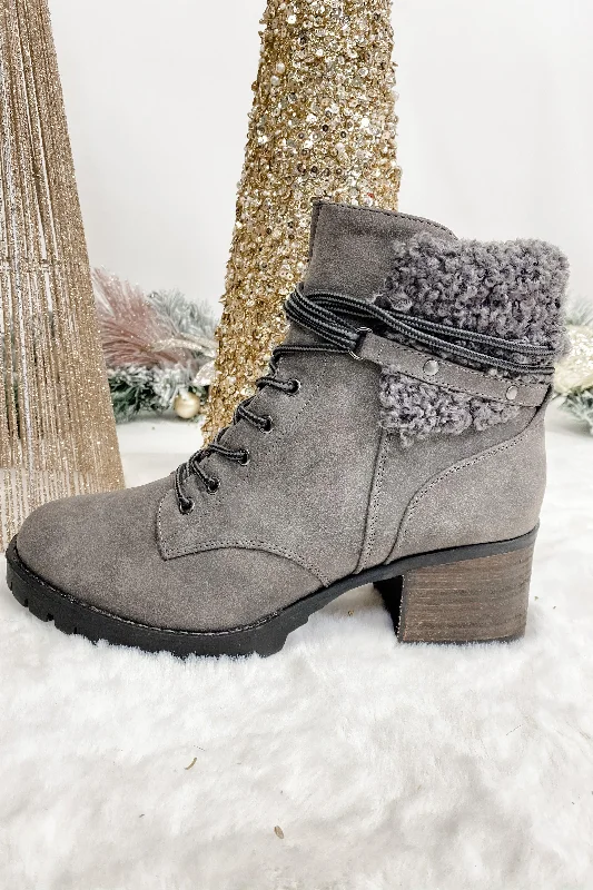 women's booties with western vibeWrapped Up- Gray Zip-Up Combat Booties w/ Sherpa Cuff