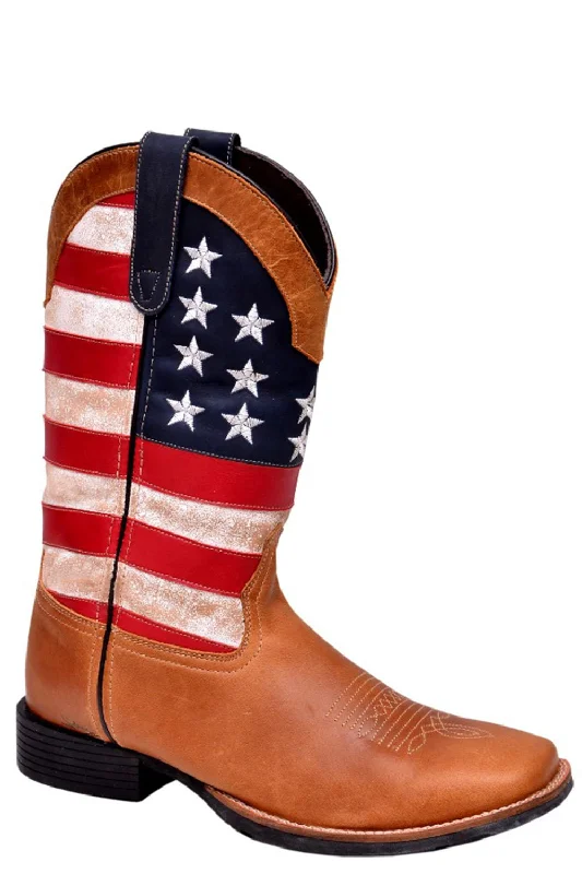 women's cowboy boots for workRoper Womens Tan Leather Patriotism Flag Cowboy Boots
