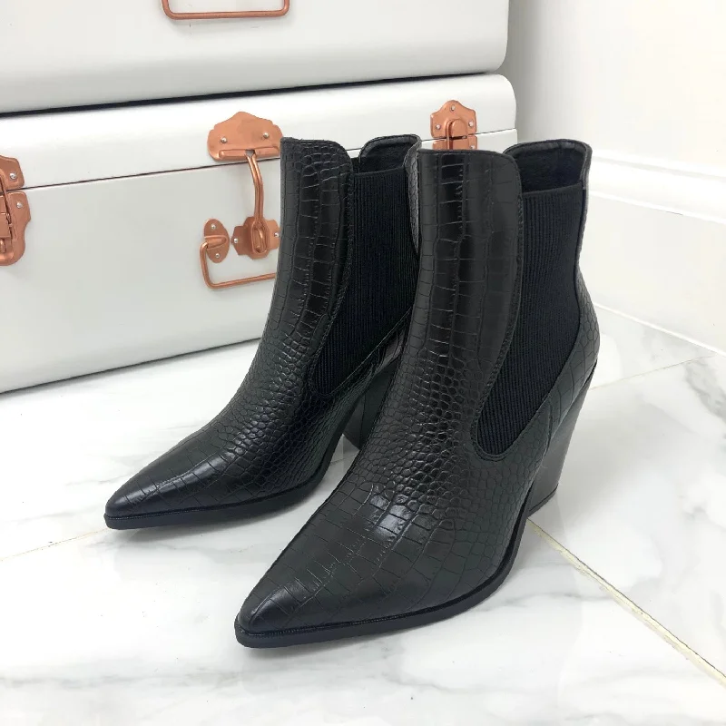 women's ankle boots for casual wearRoxy - Black Croc Print Pointed Toe Block Heel Ankle Boot