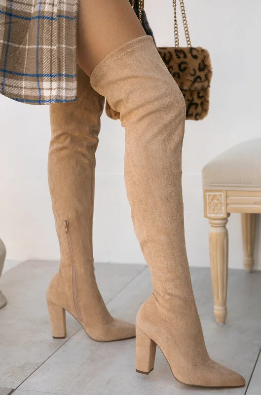 women's booties for officeSet The Bar Over The Knee Block High Heel Boots - Taupe