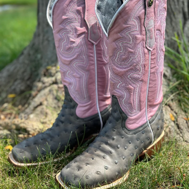 women's combat-style moto bootsTanner Mark Women's Grey Ostrich Print Western Boot