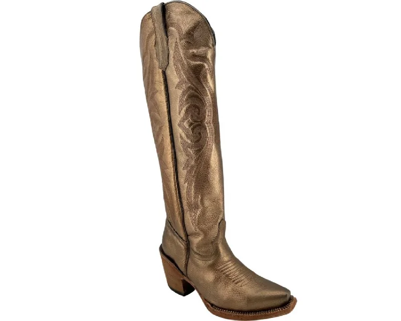 women's moto boots with adjustable strapsTanner Mark Women's Trouble Knee High Western Boot in Metallic Copper