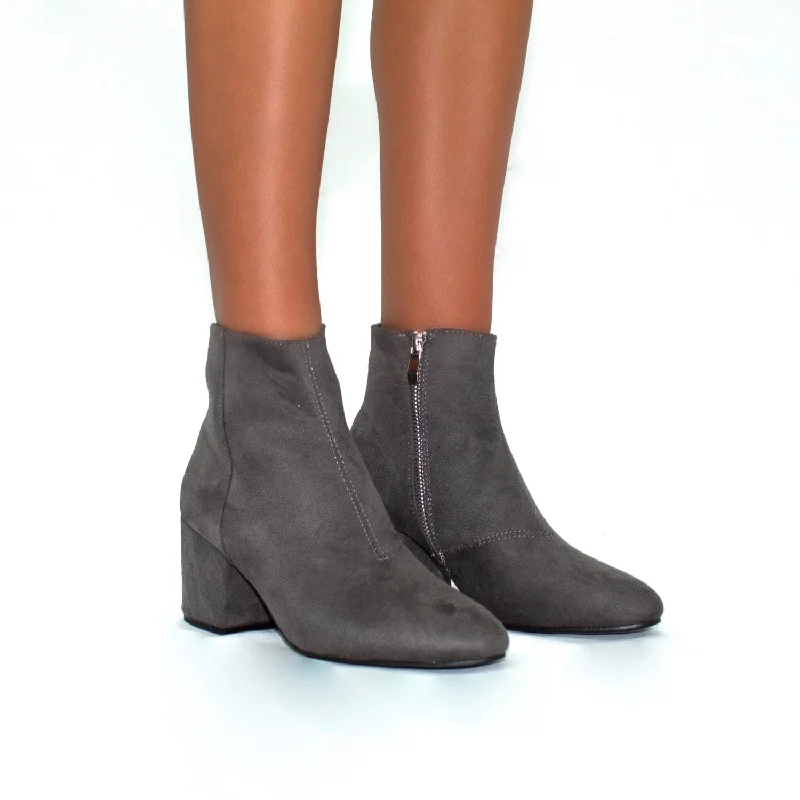 women's ankle boots with snakeskin printTheodora - Grey Faux Suede Pointed Toe Block Heel Ankle Boots