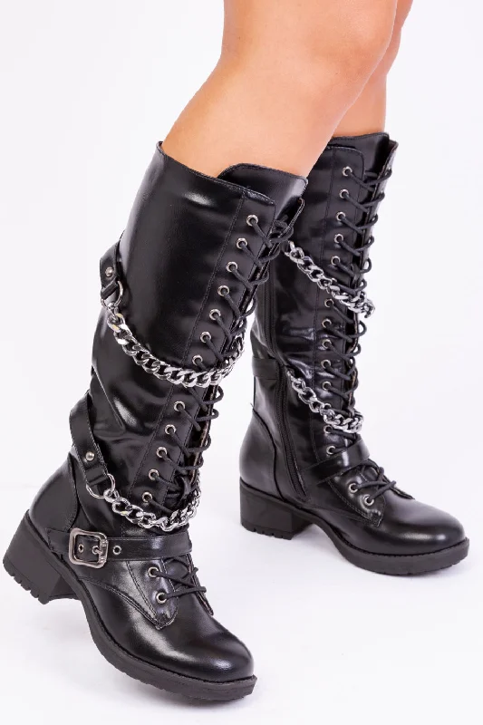 women's ankle boots with perforationsROCKY CALF LACE UP BOOT WITH DOUBLE CHAIN DESIGN IN BLACK FAUX LEATHER women's ankle boots with perforationsROCKY CALF LACE UP BOOT WITH DOUBLE CHAIN DESIGN IN BLACK FAUX LEATHER