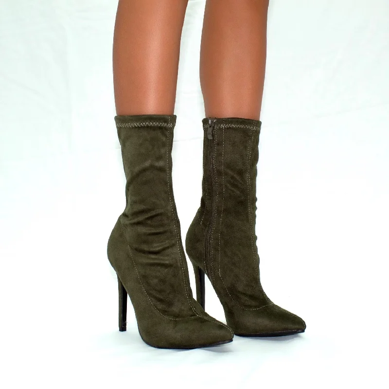 women's ankle boots with pointed toeTurner - Khaki Stretch Faux Suede Zip Up Stilletto Heel Ankle Boots