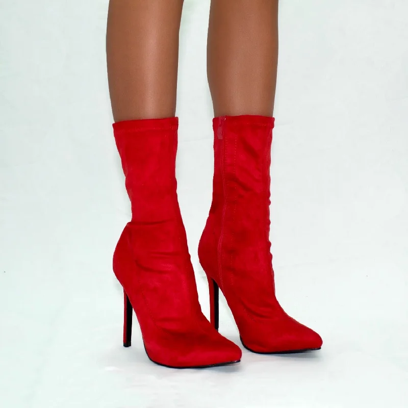 women's ankle boots with square toeTurner - Red Stretch Faux Suede Zip Up Stilletto Heel Ankle Boots