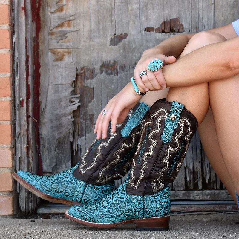 women's booties with peep toeTurquoise Tooled Leather Boots