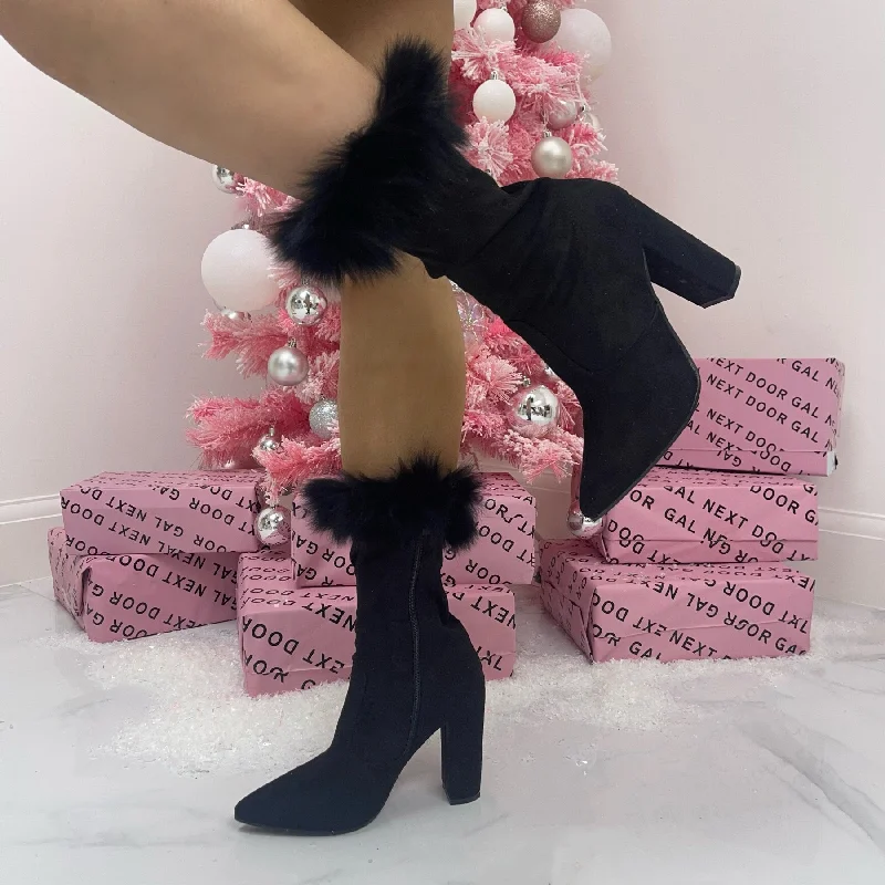 women's ankle boots with metallic finishViolet - Black Faux Suede Pointed Toe with Fur Trim Block Heel Ankle Boots women's ankle boots with metallic finishViolet - Black Faux Suede Pointed Toe with Fur Trim Block Heel Ankle Boots
