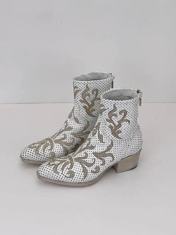 women's booties with tassel detailWomen's Stitched Perforated Boot In Bianco