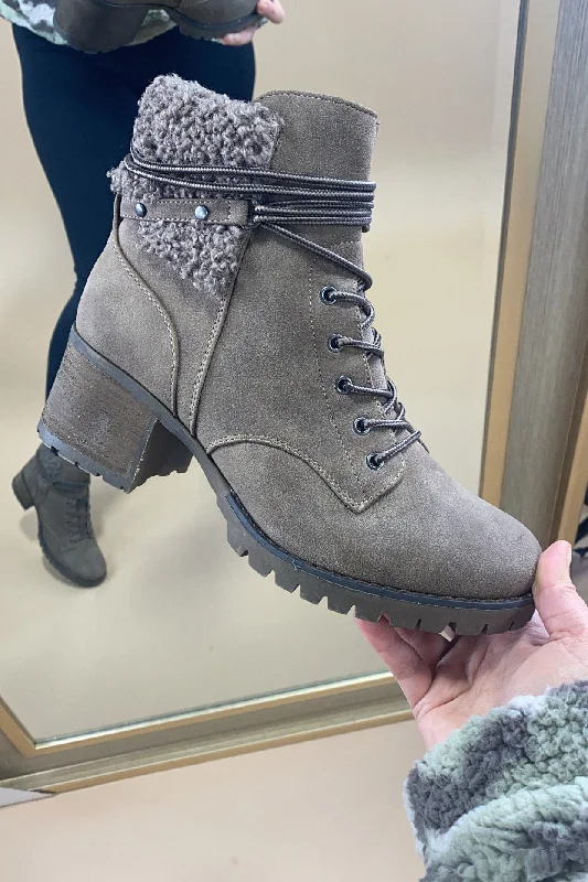 women's booties with peep toeWrapped Up- Taupe Brown Zip-Up Combat Booties w/ Sherpa Cuff
