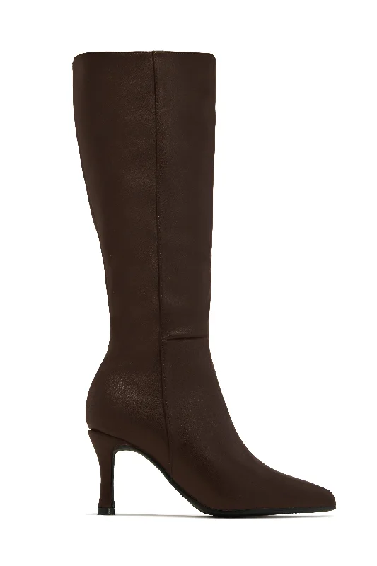 women's booties with side cutoutsZama Knee High Heel Boots - Brown